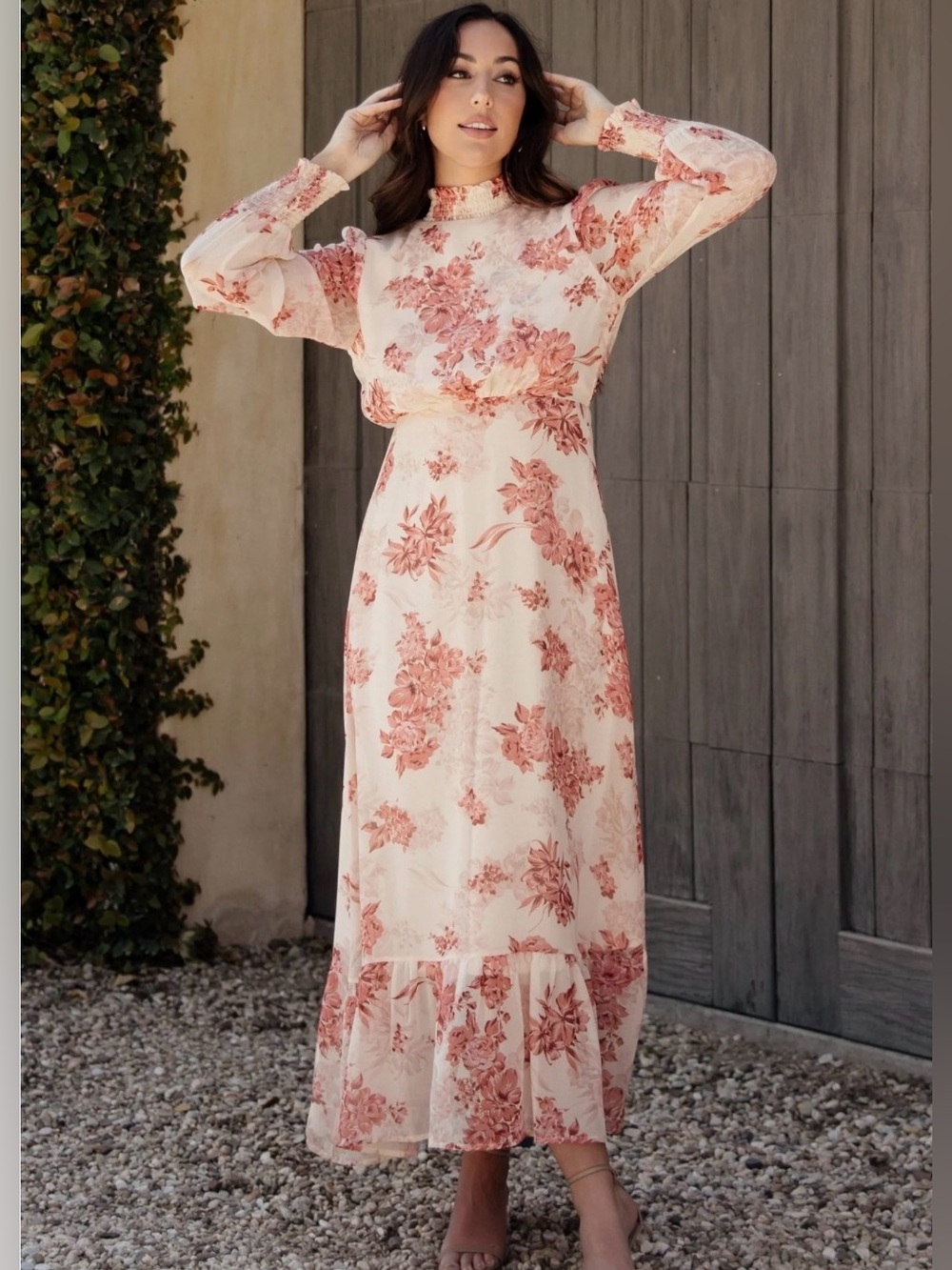 Baltic Born Luciana Maxi Dress Beige Rose Floral Chiffon Boho Romantic Size L